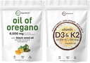 Mikroingredienser Olje av Oregano Softgels 6.000 mg Per Serving & vitamin D3 10.000iu + K2 200mcg Coconut Oil Softgels Bundle 2 Pack ® 4X Styrke Carvacrol & Thymoquinon ® Essential Sunshine vitaminer