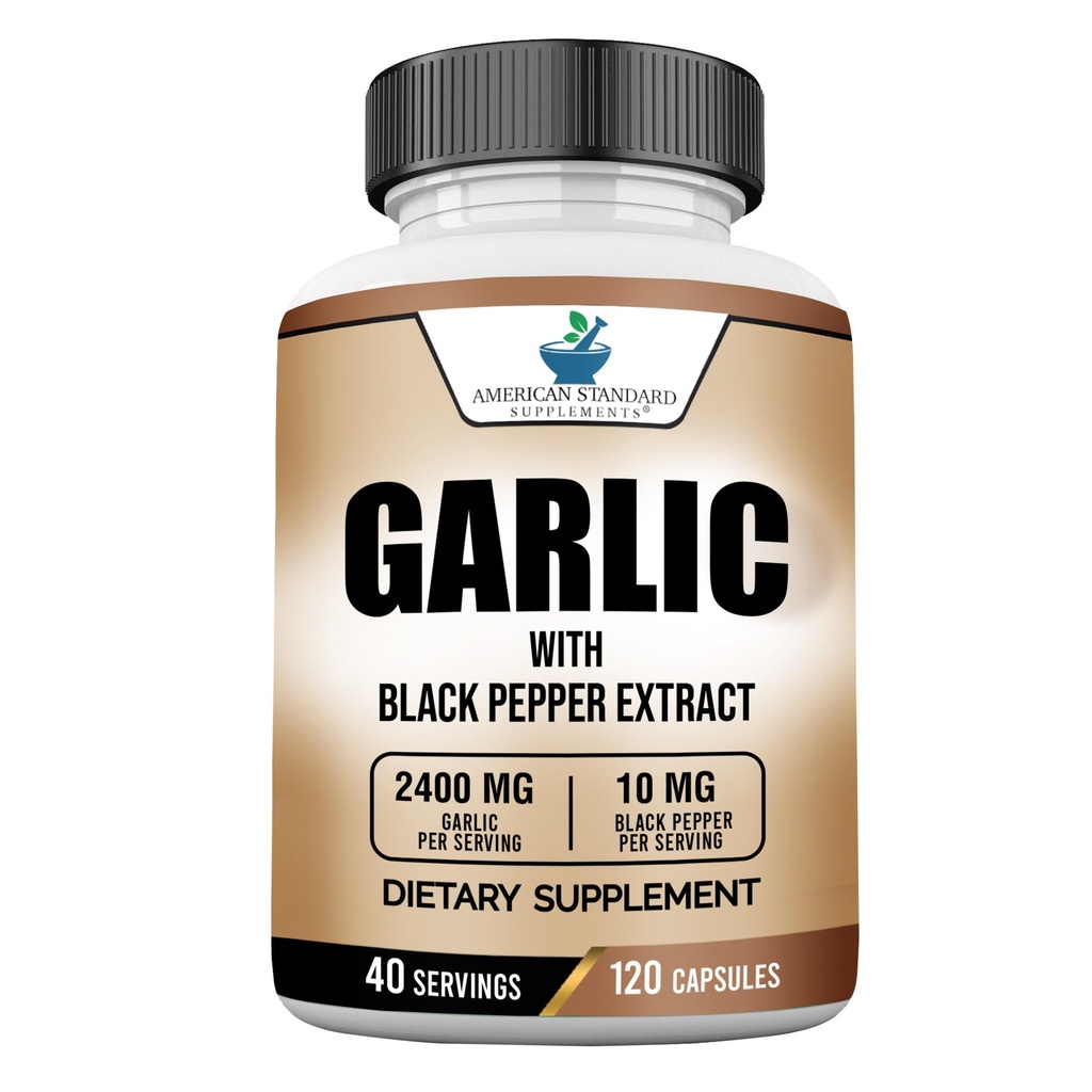 Amerikansk standard kosttilskudd hvitløk 2400mg Per servering med svart pepper frukt ekstrakt - vegansk, glutenfri, ikke-GMO, 120 kapsler, 40 serveringer