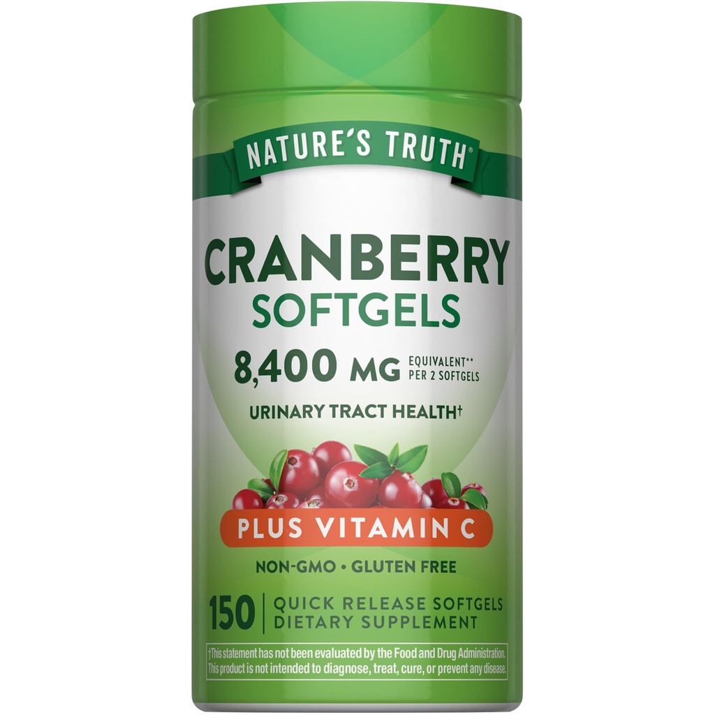 Naturens sannhet Cranberry med C-vitamin Softgels | 8400mg | 150 piller | Urine Tract Health Support | Ikke-GMO & Glutenfri Supplement