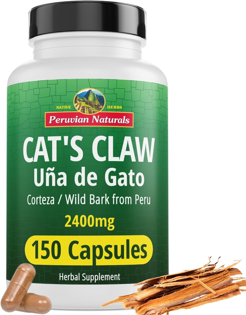 Peruansk Naturals Cat's Claw Herbal Supplement 150 kapsler - Uña de Gato 2400mg Vegansk, 100% naturlige katter Klo Bark voksende i Peru, ikke-GMO, Uncaria Tomentosa UNA de Gato