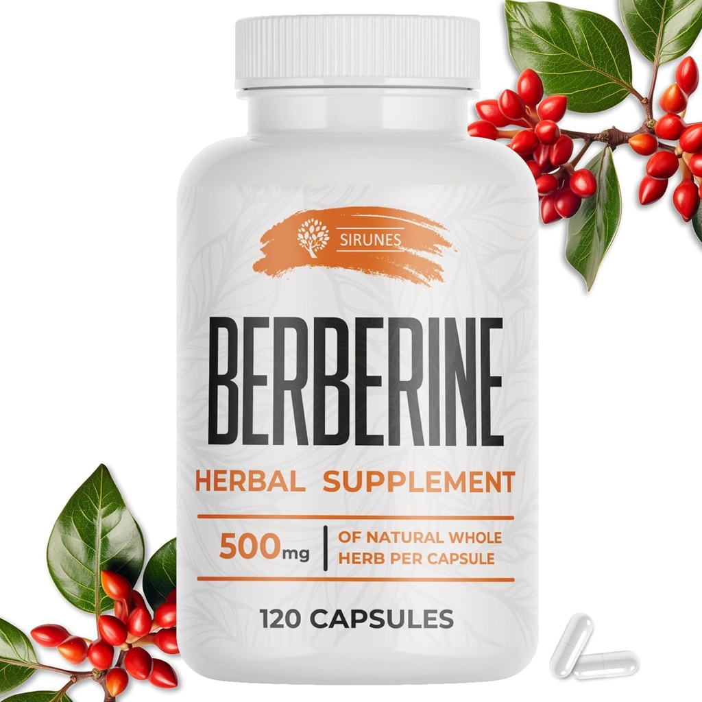 SIRUNES Berberine Supplement – Berberine HCL Diett Supplement for menn og kvinner – Ikke GMO Berberine 500mg – ideell for immun støtte, hjerte, kolesterol nivåer 120 kapsler
