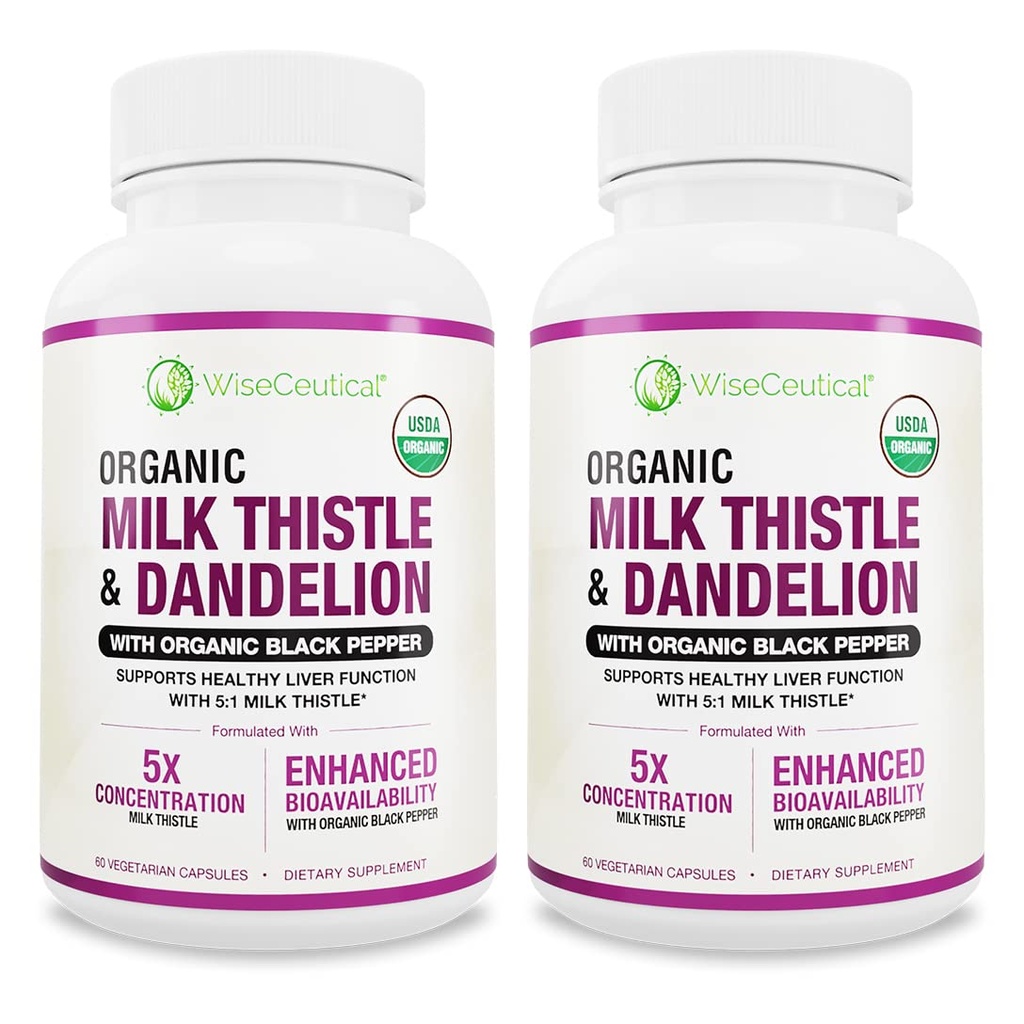 Max absorpsjon USDA Økologisk Melk Thistle Potent 5:1 Konsentrert Ekstrakt (2000mg styrke) & Organisk Dandelion Root | Silymarin Antioksidant Flavonoid | Liver Support Supplement (60 greve (Pack of 2))