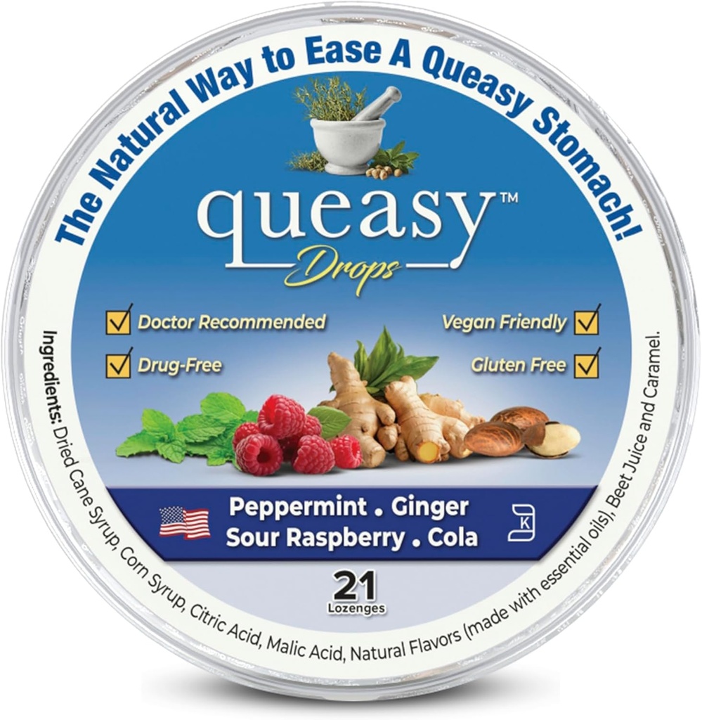 Tre Lollies Queasy Drops - Ease Chemoterapi Lidenskap & Reise syke - Allevierer en tørr munn - naturlige ingredienser - 21 ct