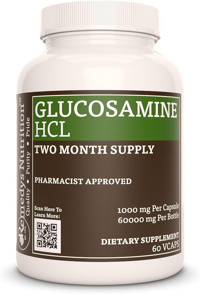 Remedys ernæring glukosamin HCL 1000 mg, 60 vegan kapsler kosttilskudd | To måneders forsyning
