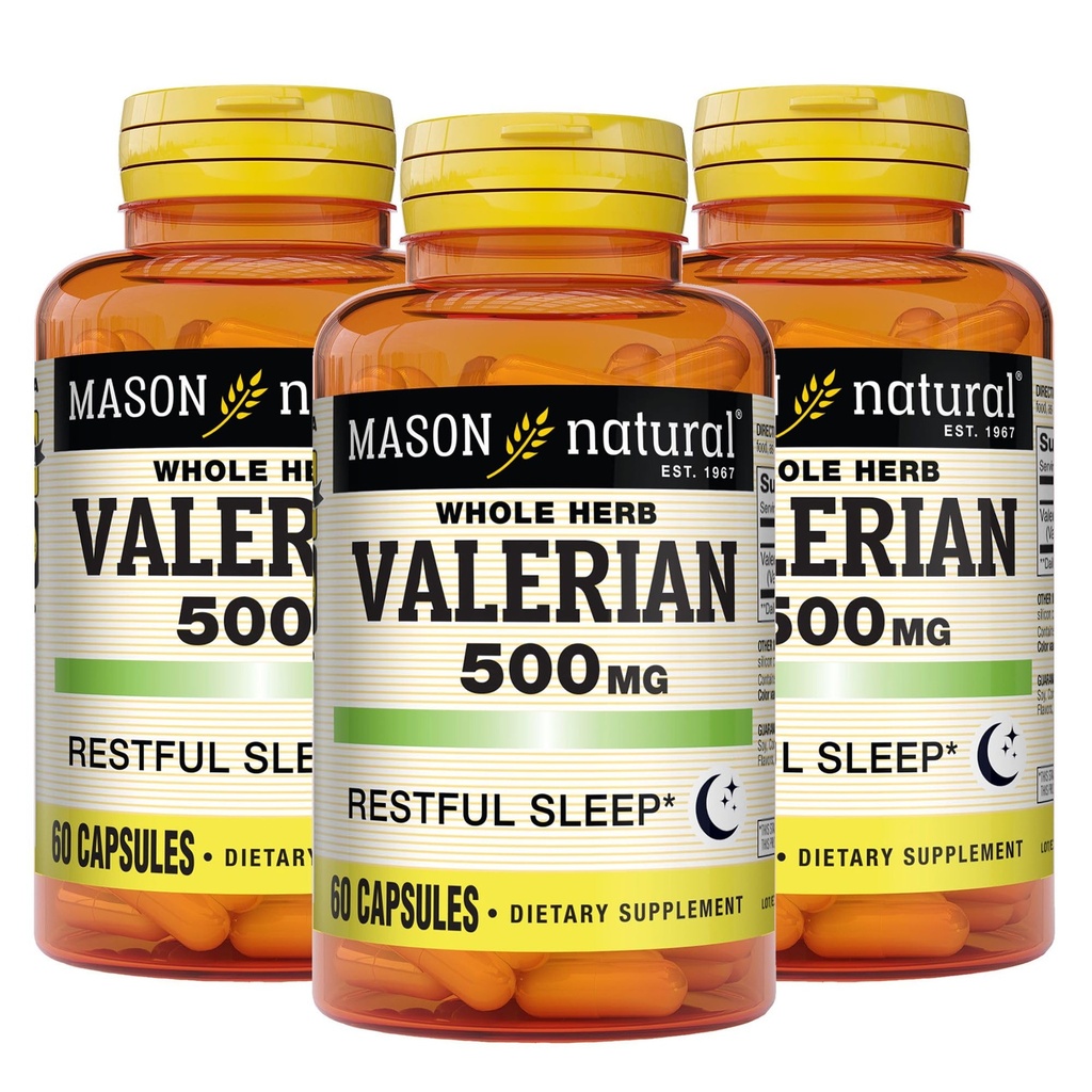 MASON NATURAL Valerian Root 500 mg, 6 måneders forsyning, naturlig søvnhjelp, fremmer sunn og hvilelig søvn, Herbal Supplement, 3 pakke