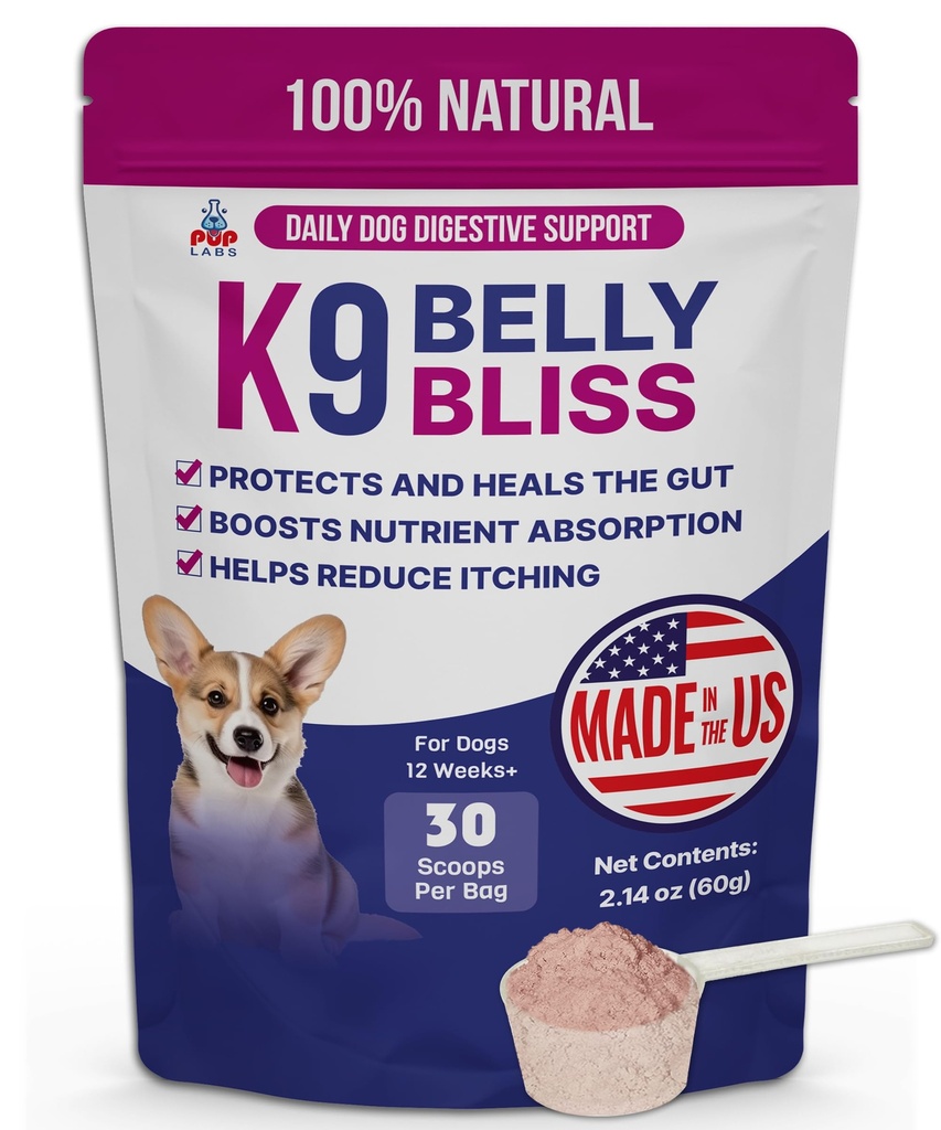 K9 Belly Bliss, All-Natural Gut Health for Hunde, Vet godkjent prebiotika for hunder for daglig digestiv støtte og hunde dialyse lindring, lett å bruke topper for tørr og våt mat, 30 Scoops.
