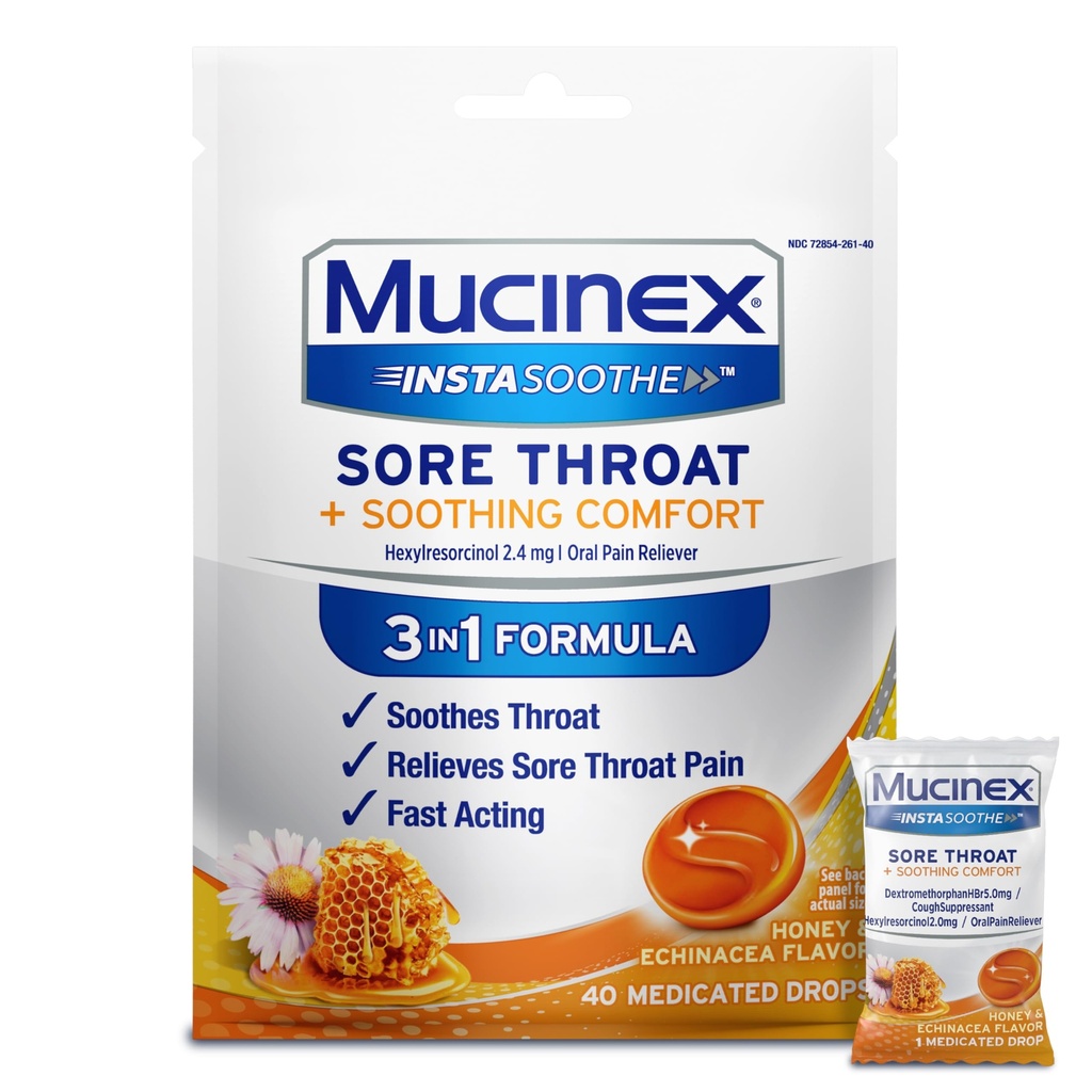 Mucinex Instasoothe Sore Throat Relief drops, Sore Throat Lozenges, Sore Throat medisin med Hexylresorcinol, Cough drops alternativ, Honning og Echinacea Flavor, 40 ct