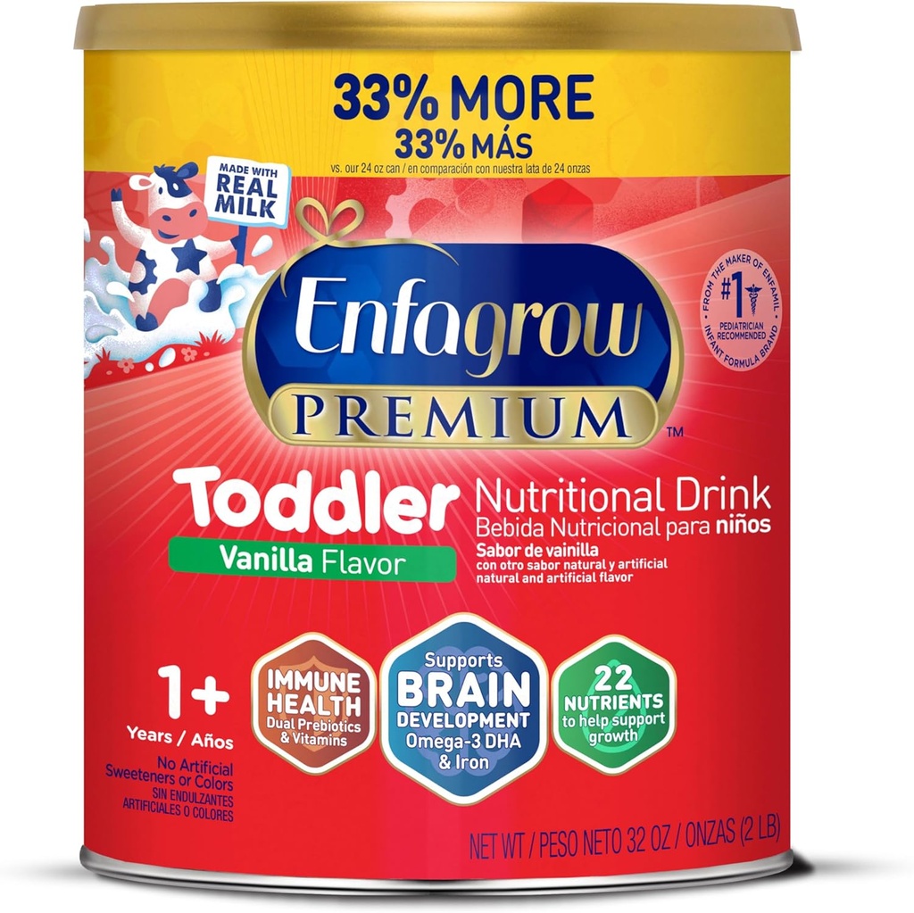 Enfagrow Premium Toddler Ernæringsdrikk, Naturlig Vanilla Flavor, Omega-3 DHA for Brain Support, Prebiotika og vitaminer for immun helse, ikke-GMO, pulver Can, 32 Oz (pakke med 1