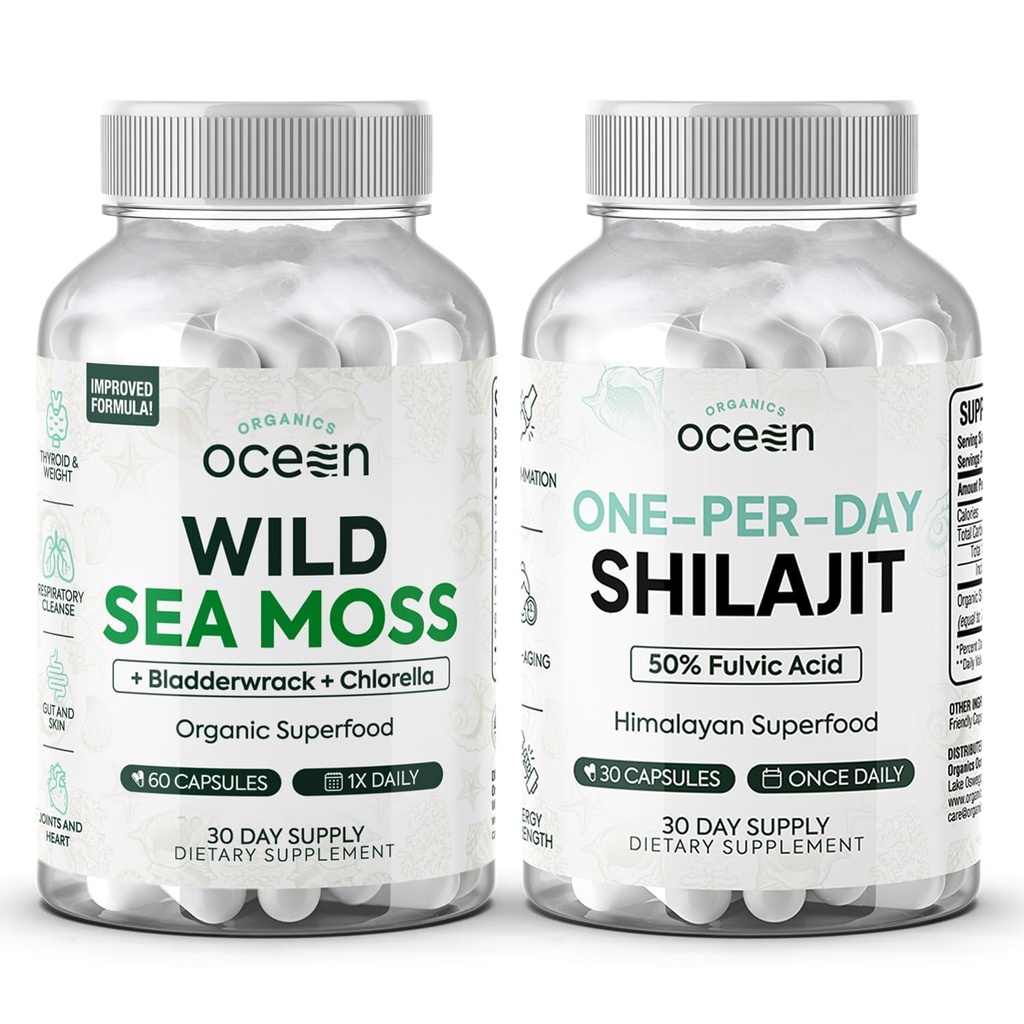 Organics Ocean Wild Sea Moss Kapsler og en-per-dag Shilajit for menn og kvinner - 100% Irish Sea Moss og ren Shilajit Kapsler - Thyroid Støtte for kvinner og menn