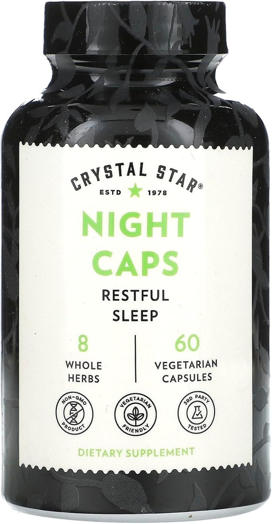 Crystal Star Night Caps Naturlig søvnhjelp Supplement (60 kapsler) – Herbal ikke-habit forming – Valerian Root, Kava & Passion Blomster – Ikke-GMO