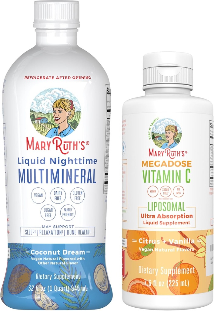 MaryRuths Nighttime Multimineral (Coconut) & Vitamin C Liposomal (Citrus & Vanilla) | Clean Label Project Verifisert | Supplement for sengetid og antioksidant | Vegan, ikke-GMO, Glutenfri