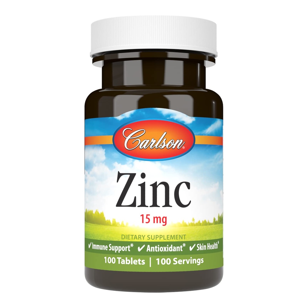 Carlson - Zink, 15 mg, Sink Supplement, Sink Gluconate, Immun støtte og hud helse, Sink Tabletter, Antioksidant, Sink Kapsler, 100 tabletter