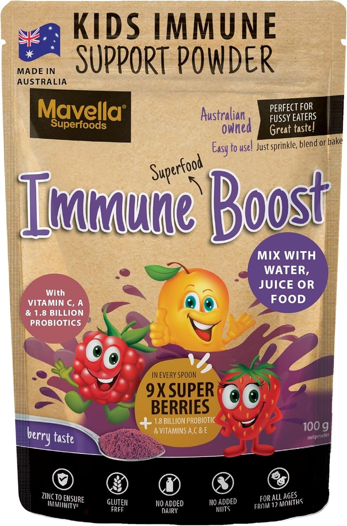 Barns immunstøtte pulver - Immunforsterkning med vitamin C A + E, magnesium og probiotika for med 9 Superbær - Berry smak immunitet Gummies Alternative 3.52oz (100g)