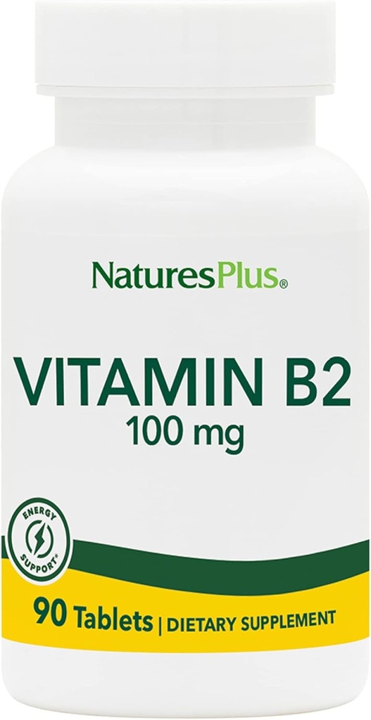 Natures Plus Vitamin B2 (Riboflavin) - 100 mg, 90 vegetariske tabletter - Naturlig energi og metabolisme Booster, fremmer generell helse - Glutenfri - 90 Serveringer