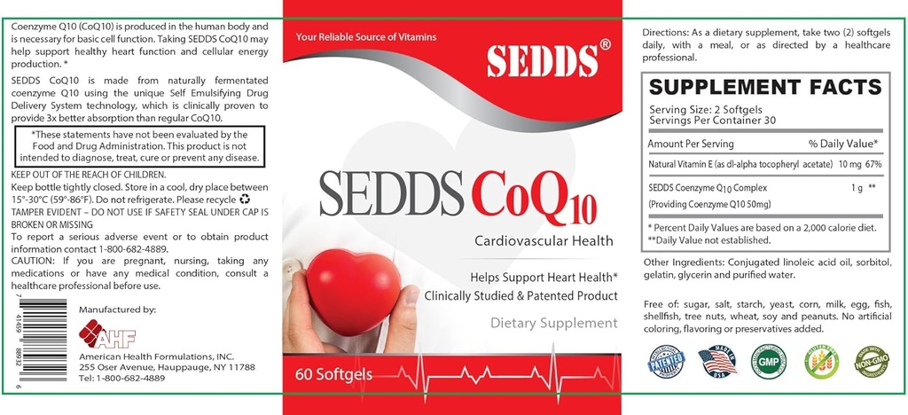 SEDDS® CoQ10 Ubiquinol Cardiovaskulær Helse Supplement, Daglig vitamin for hjertehelse og energi (60 tall), høy absorpsjon flytende vann-løselig Softgel for høyt blodtrykk og kolesterol