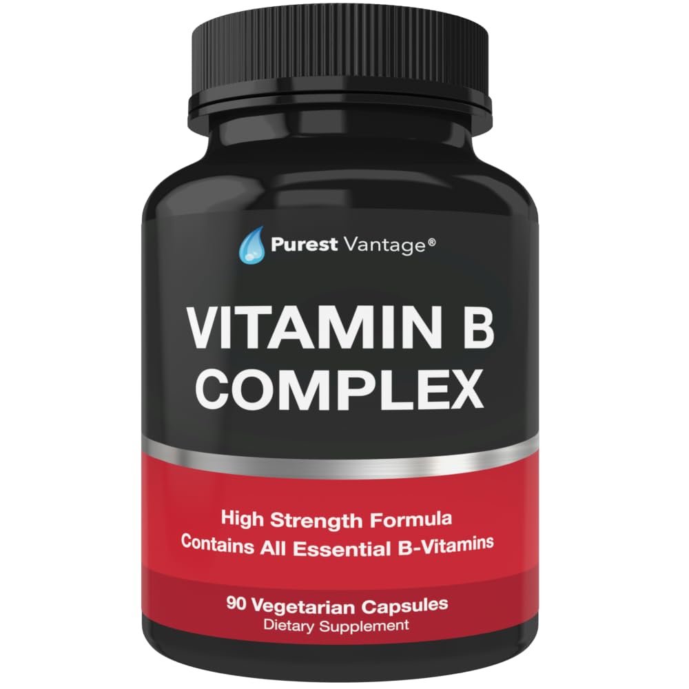 Vitamin B kompleks vitaminer B12, B1, B2, B3, B5, B6, B7, B9, Folsyre - Super B komplekse vitaminer for kvinner, menn, voksne - 90 vegetariske kapsler