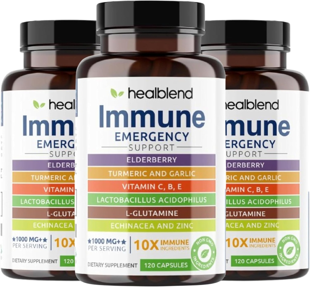 healblend 10 i 1 immunstøtte Supplement Booster med eldrebær, sink, Echinacea, Turmeric, Lactobacillus Acidophilus, for voksne (3 pakke)