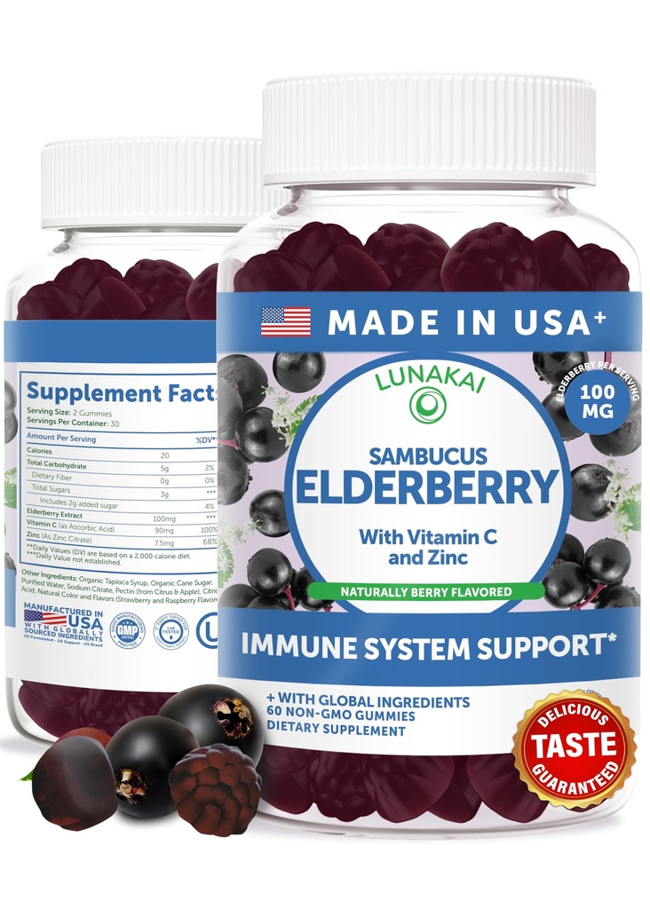 Lunakai USA laget Black Sambucus Elderberry Gummies for voksne og barn med vitamin C & sink - Immunstøtte, Antioksidanter, Ikke-GMO, 60 Gummies