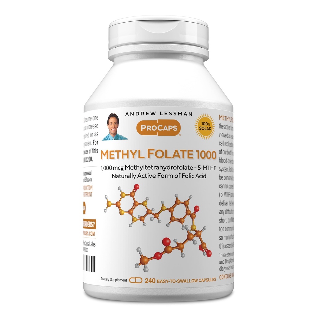ANDREW LESSMAN Metyl Folat 1000mg - 240 Kapsler - 1000mg L-Metyl Folat, Potent nivåer av essensiell vitamin B9. støtter sunn hjerte, hjerne, immun og graviditet. Lett å svelge kapsler