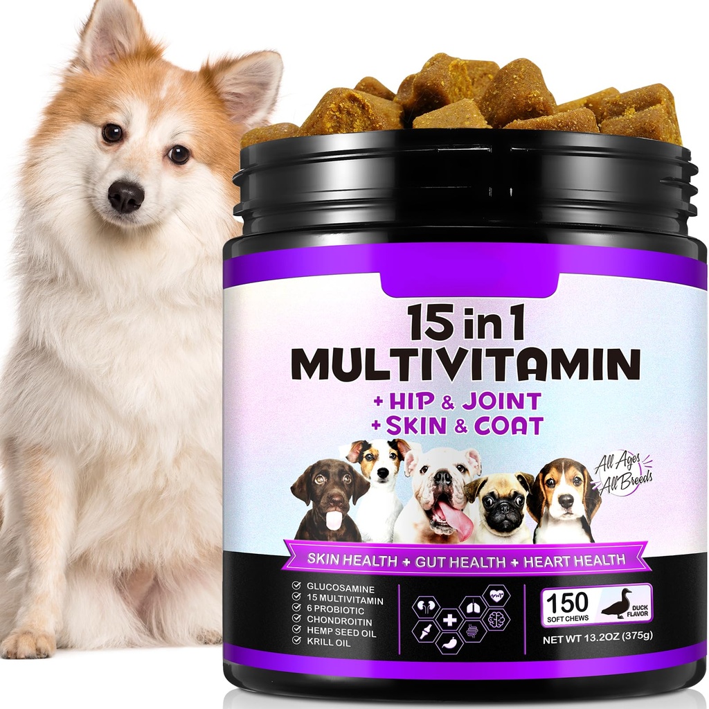 15-i-1 hund multivitamin kosttilskudd med glukosamin og probiotika, naturlige daglige vitaminer Chews for hunder,Pet helse støtte-Skin-immunitet-Gut digestion-Joint-Heart, 150 stk-Duck Flavor