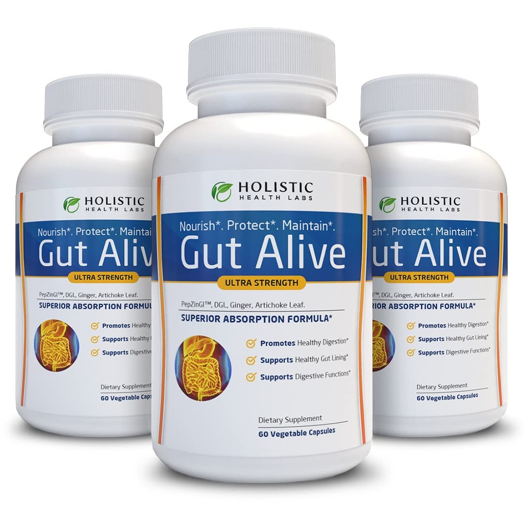Gut Alive - All naturlig støtte til å bekjempe IBS, Heartburn, syreødeleggelse, syre Reflux, bloating og gass. Unik formulering (60 Count (Pack of 3))