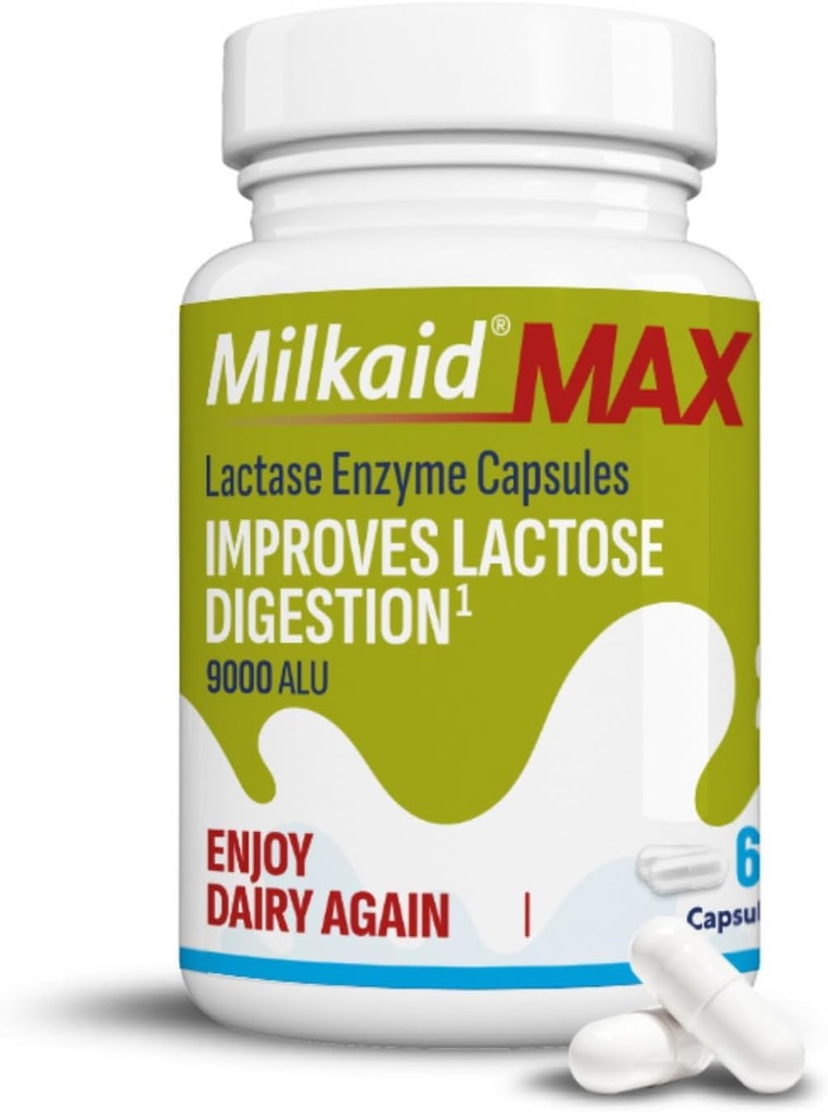 Melkeaid Max Capsules for Lactose Intolerance Relief med Lactase Enzyme, Dietary Supplement for å forebygge gass, Bloating & diarrea På grunn av Lactase Sensitivity | 9000 ALU (60 Kapsler, uovertruffen)