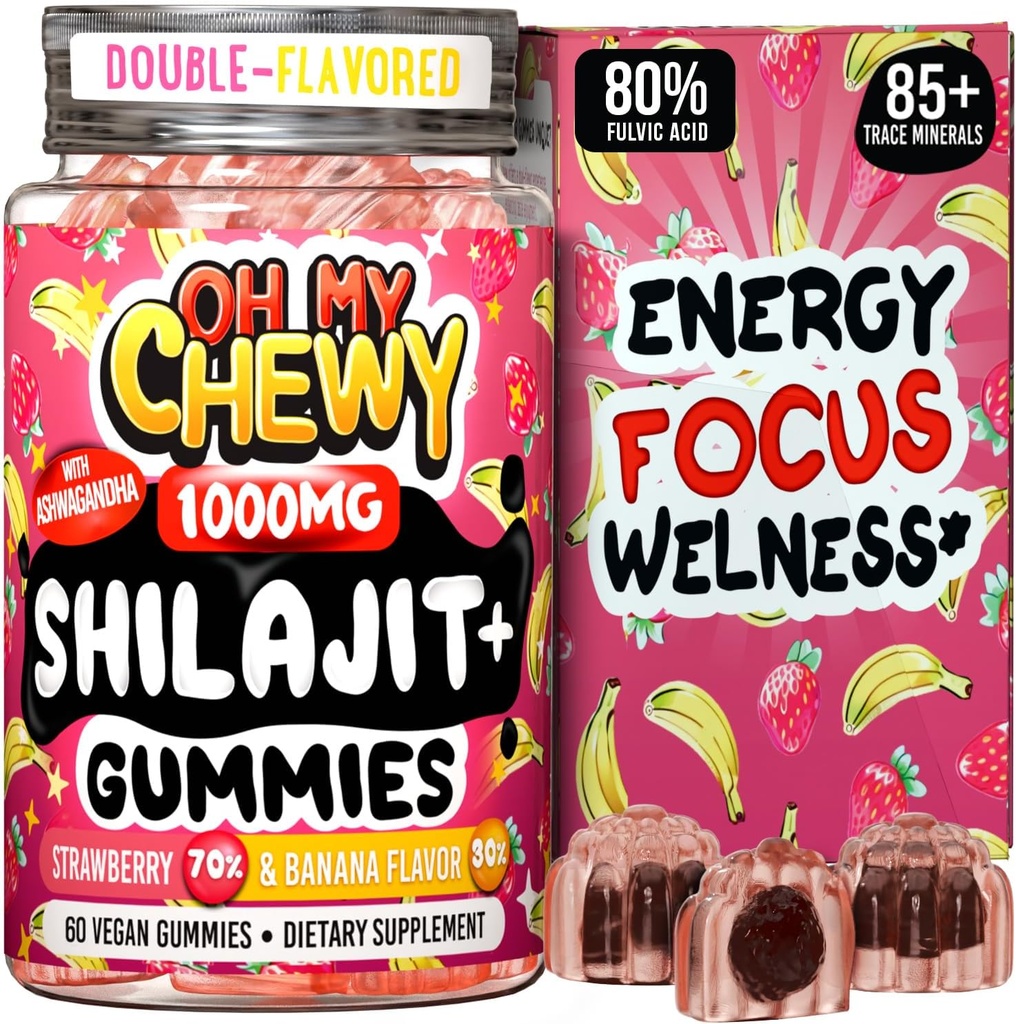 Pure Himalayan Shilajit Gummies - høy potens Gold Grade Resin - Energi Boost og immun støtte for menn og kvinner med Ashwagandha og Shatavari - 60 Gummy - Strawberry & Banan