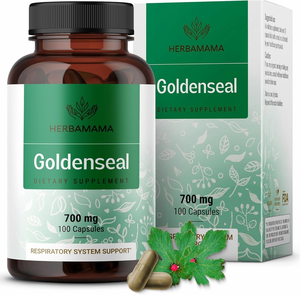HERBAMAMA Goldenseal Root Capsules 700 mg - Respirasjonssystem & immun støtte med gyldne pulver Supplement - Vegan, ikke-GMO
