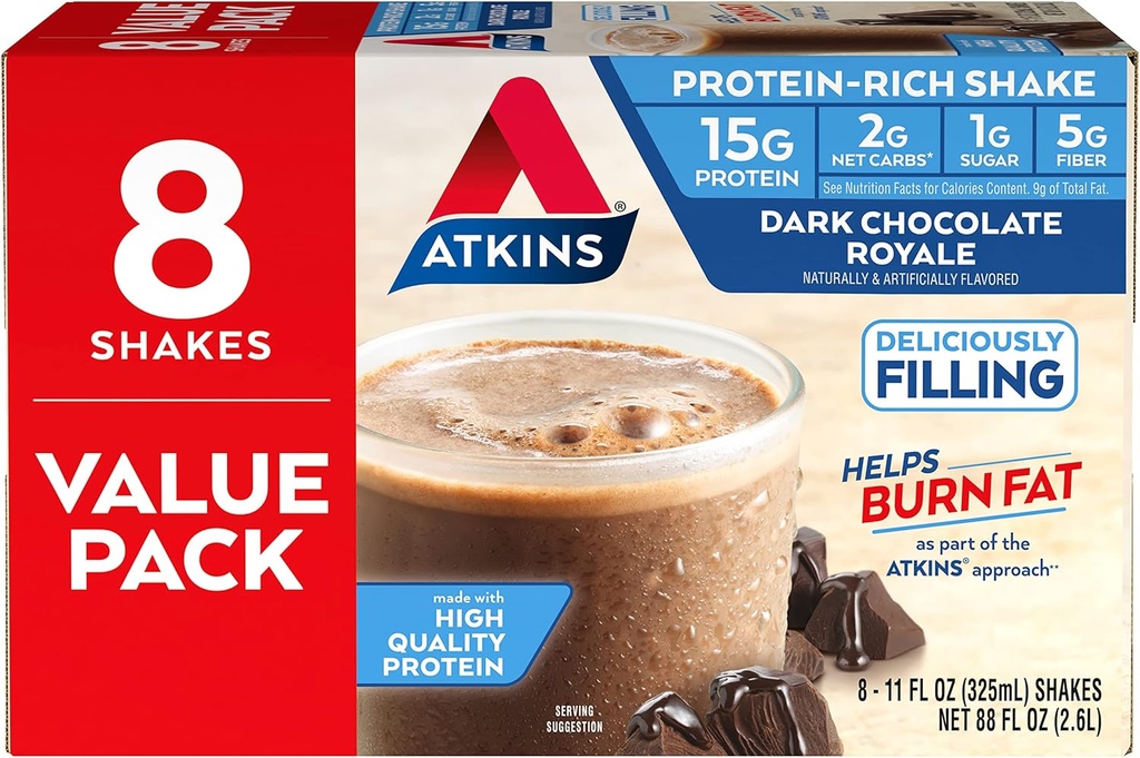 Atkins Glutenfri Protein-Rich Shake, mørk sjokolade Royale, keto-vennlig, 8 greve (pakke av 1)