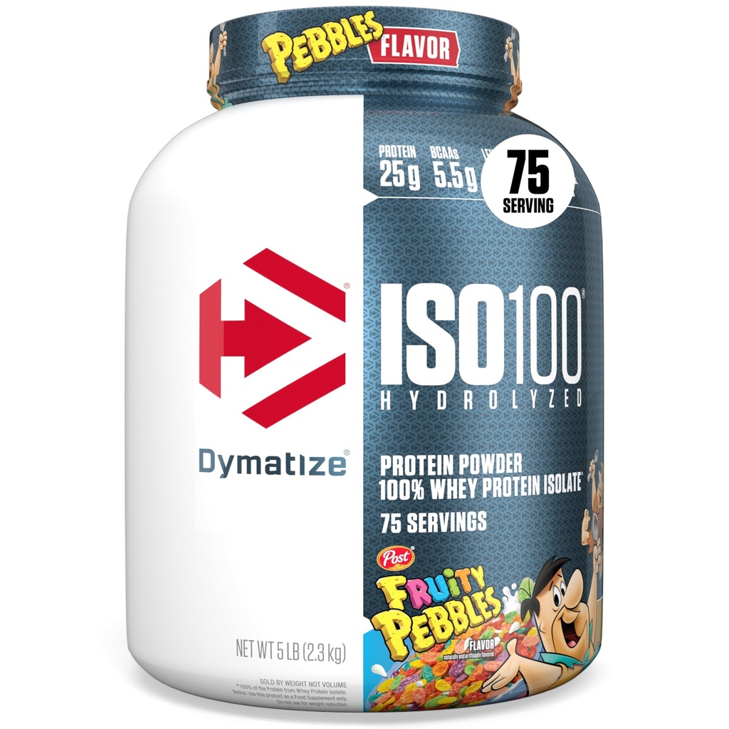Dymatisering x Fruity Pebbles ISO100 Whey Protein pulver isolat, 25g protein, 5,5g BCAA, 120 Cal., Glutenfri, 1g fett, 1g sukker, 2g karbohydrat (75 serveringer)