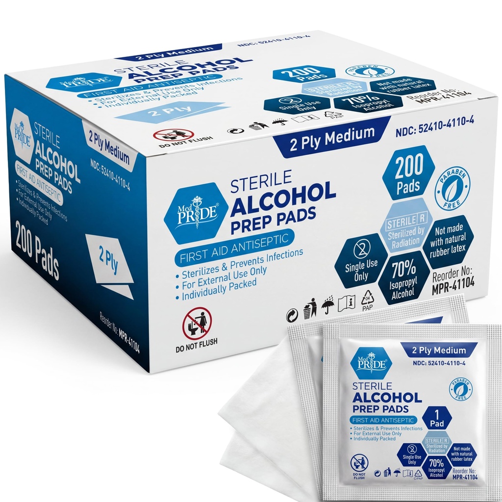 Med PRIDE sterile alkohol prep pads, antiseptisk, 70% isopropyl, individuelt ompakket, medisinsk grad 2 piller (200 greve (pakke med 1) hvit)