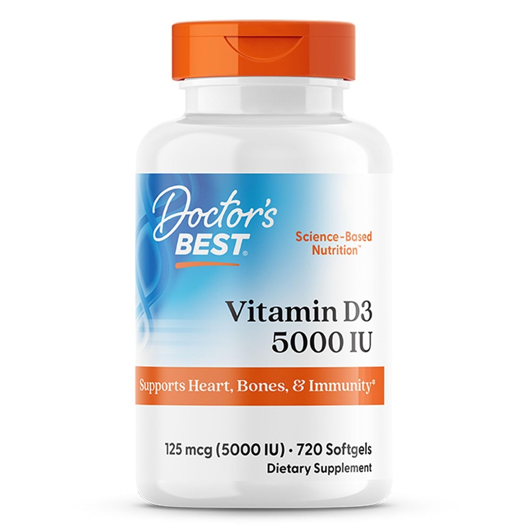 Doktorens beste vitamin D3, Kapsel 5, 000 IU for sunne bein, tenner, hjerte og immunstøtte, ikke-GMO, Glutenfri, Soya Free, 720 Count (Pack of 1)
