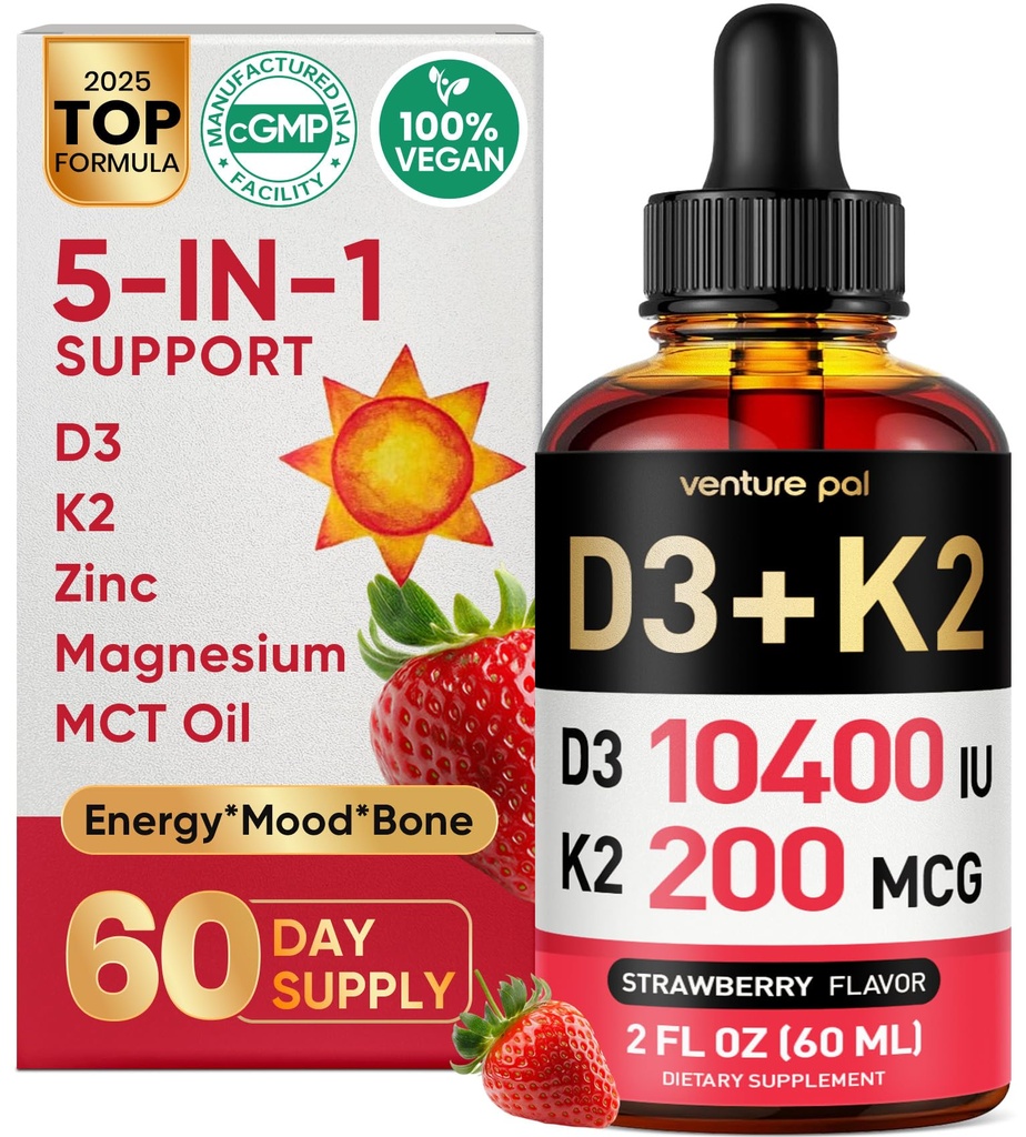 Venture Pal 5-i-1 vitamin D30000 IU & K2 som MK-7 200mcg med magnesium, MCT olje, sink, sukkerfri vitamin D flytende |Maximum absorpsjon for bein, humør og immun helse - 2 FL OZ, 67 dager