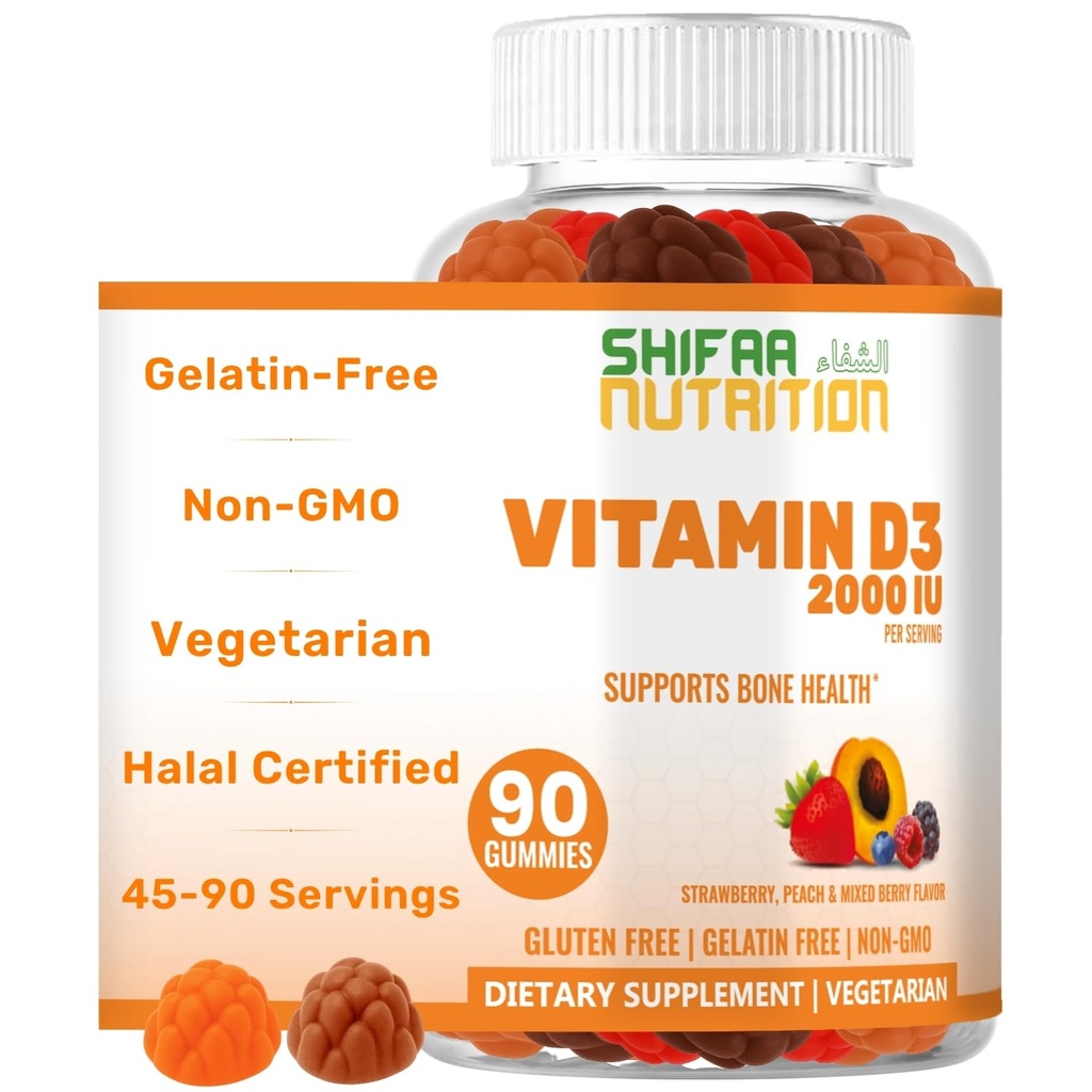 SHIFAA NUTRITION Vegetarisk vitamin D3 Gummies for voksne og barn | 45-90 Servings, 2.000IU / 1.000IU | Ikke-GMO, Glutenfri, Gelatin-fri | Støtter bein, muskler og immunsystem Halal vitaminer