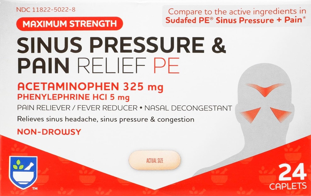 Rite Aid Sinus trykk og smerter Relief PE, ikke-Drowsy - 24 tabletter | Sinus Relief | Smertelindring | Nasal Decongestant | Kald medisin for voksne | Allergy Relief | Mucus Relief
