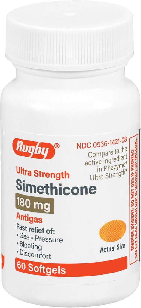 Rugby Ultra Styrke Simetikon Gass Relief 180 mg - Maksimal gass Relief for voksne - kan hjelpe med symptomer på flatulens, bloating, gassfylde - 60 Softgels (1 Pack)