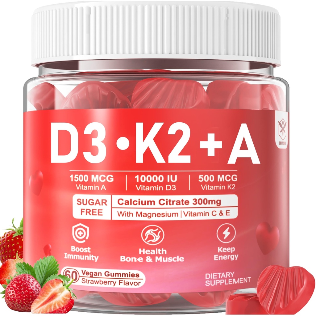 Vitamin D3 10000iu + K2 MK7 + En Gummies med kalsium Magnesium Sink for kvinner og menn, høy styrke ADK vitamin Supplement støtter sunn immunsystem, bein og visjon funksjon, sukker gratis 120 Cts