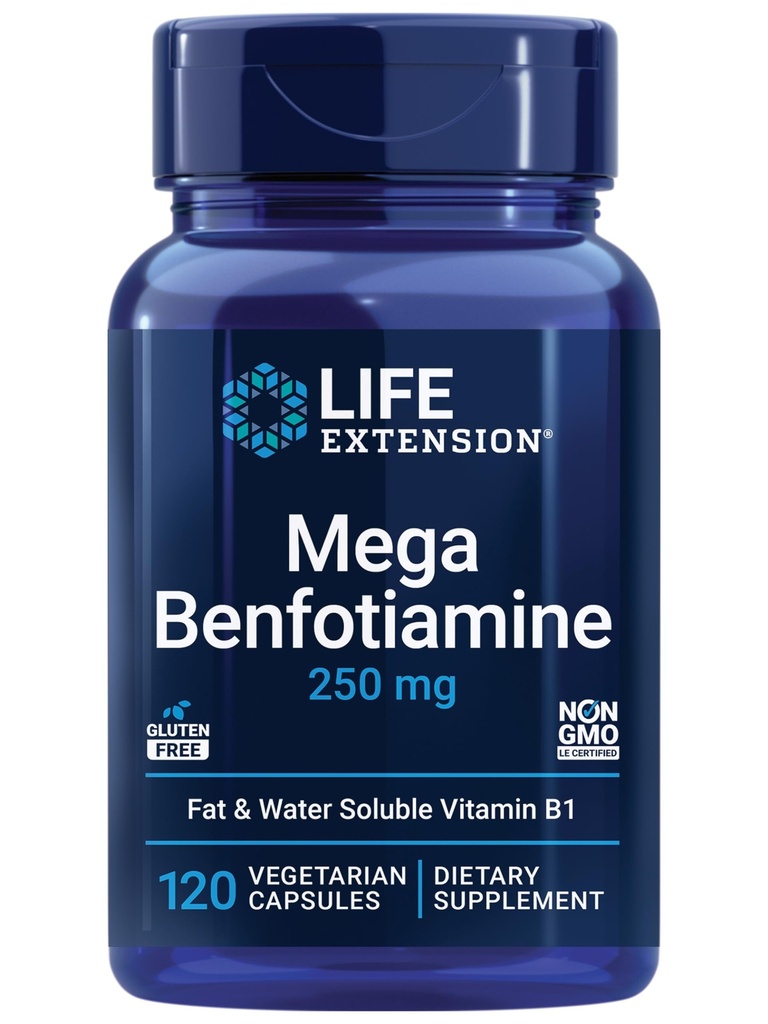 Livsforlengelse Mega Benfotiamin, 250 mg, en fettoppløselig form av tiamin, sunn metabolisme, ultrabiotilgjengelig vitamin B1, høy styrke, glutenfri, ikke-GMO, vegetarisk, 120 kapsler