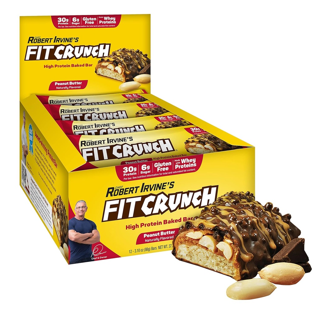 FITCRUNCH Full størrelse Protein Bars, 6-lags baket bar, 6g sukker, Glutenfri og myk Kake Core (12 Barer, Peanut Butter)