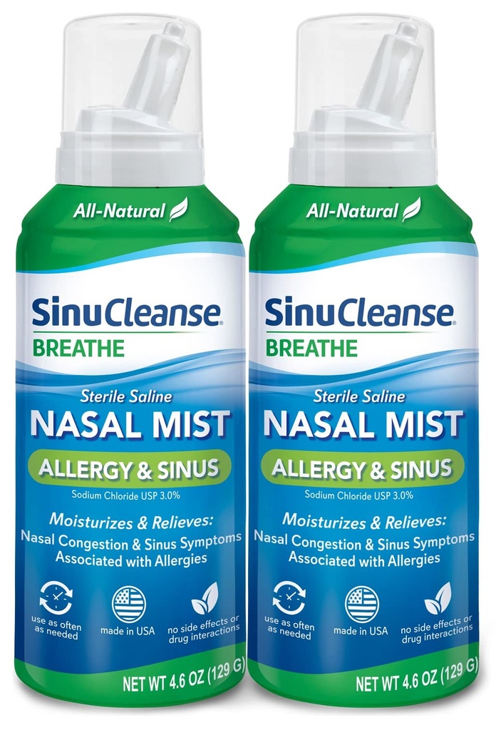 SinuCleanse Allergi & Sinus Sterile saltvannssprøyte, Ultra Fine Mist, umiddelbart beveger seg og lindrer alvorlig nasal kongessjon på grunn av allergier, 4.6 Oz (2 pakke), laget i USA