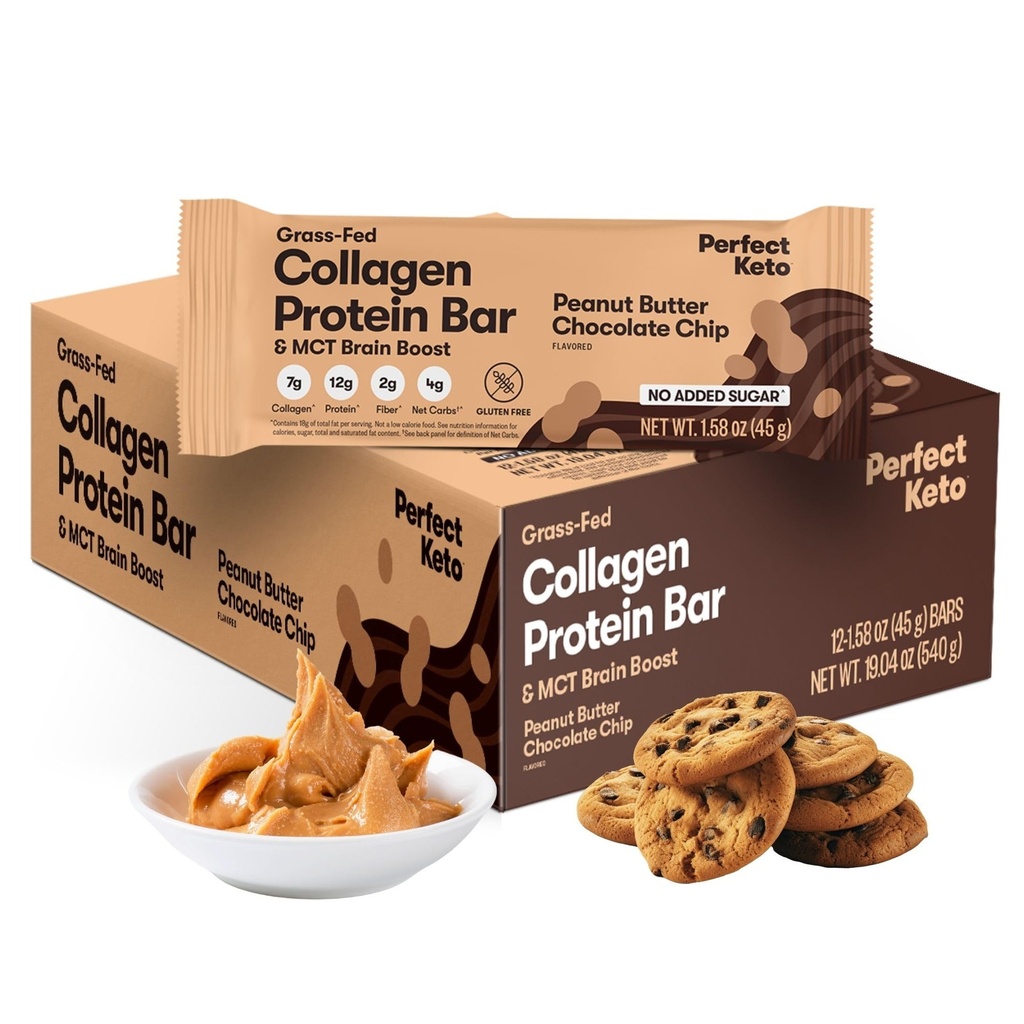 Perfekt Keto Collage Protein Bar, Glutenfri Gras Fed Collage + MCT Olje, lav kull, Ingen sukker tilsatt, høy proteinsnacks, keto diett matvarer, 13g protein, 18g fett, 3g netto karbohydrater, peanut smøre sjokolade Chip, 12 barer