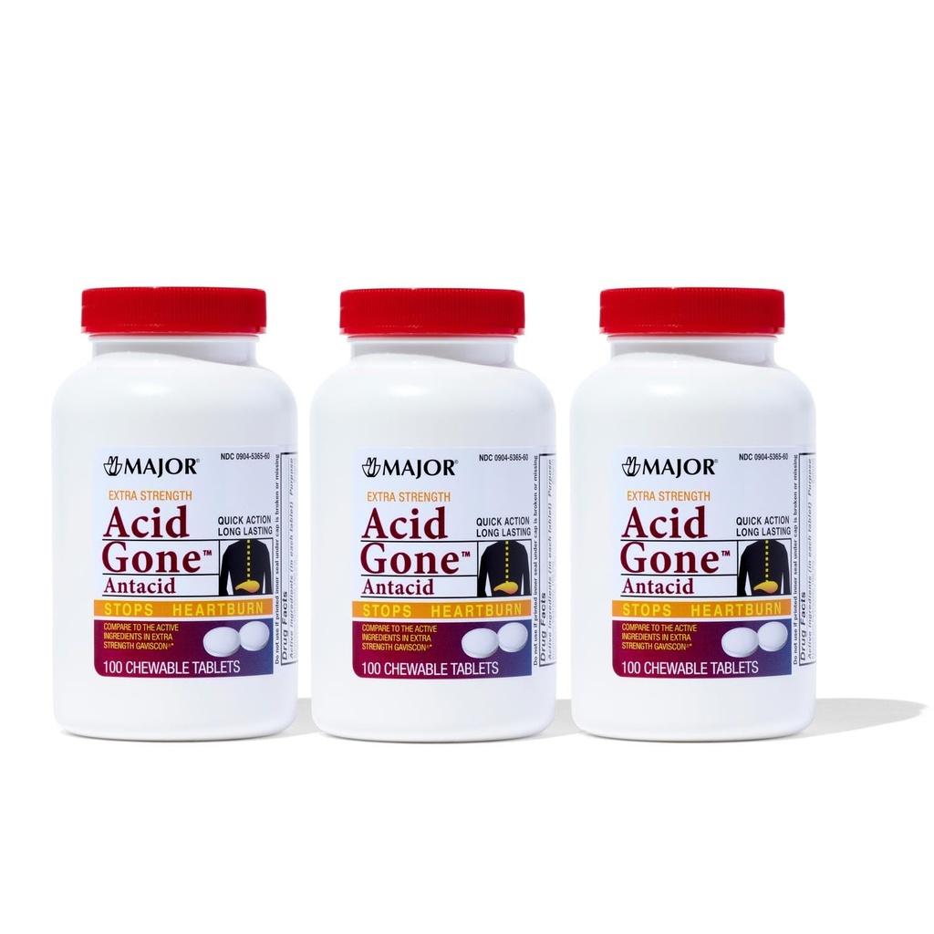 Major Acid Gone Extra Styrke Antacid Chewable Tabletter - Anti-Acid Relief - Acid Reflux Medisin for voksne - Oppsett Mage, Acid Indigation og Heartburn Relief - Lang-Lasting - 100 Count (3 Pack)