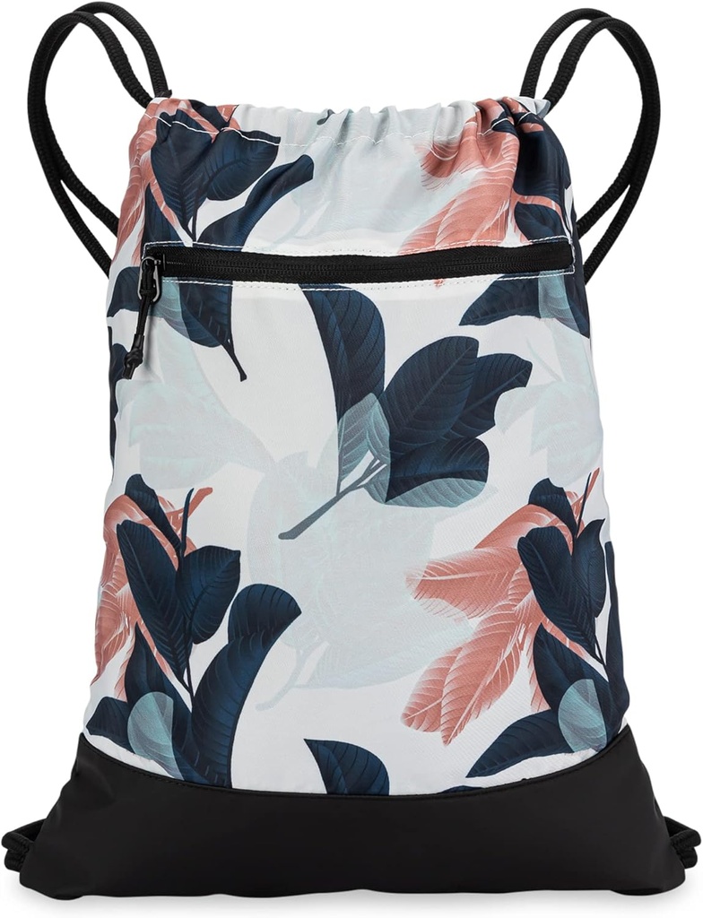 Tegnestreng Gym veske for kvinner | Holdbar lett vekt Gym Cinch ryggsekk med grafiske designer | Flott for Gym og sport | Navy / Coral - Guava Leaves