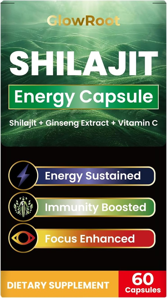 Shilajit Kapsler, høy kvalitet Shilajit fra Himalaya, rikelig fulvsyre & 85+ Trace Minerals, Glutenfri, Ingen tilsatt sukker Shilajit Kapsler for menn og kvinner