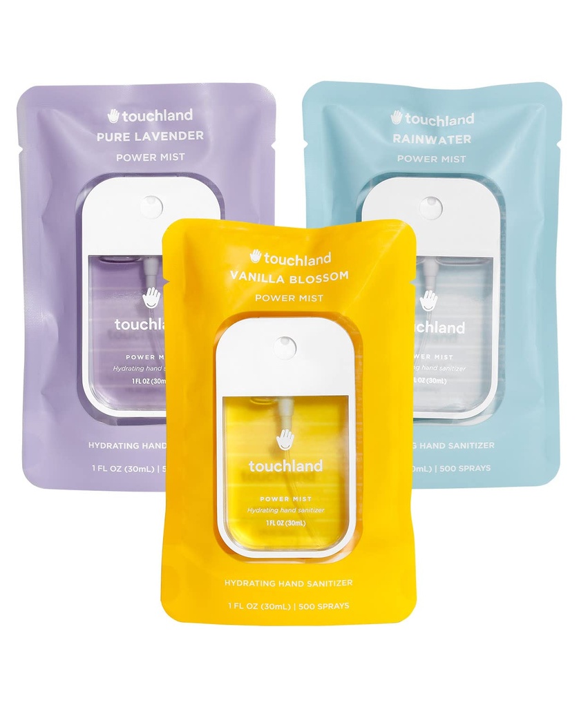 Touchland Power Mist Hydrating Hand Sanitizer Spray, BLOSSOM Trio Set (Lavender, Vanilla, Regnvann), 1 FL. OZ. Reisestørrelse (sett av 3)