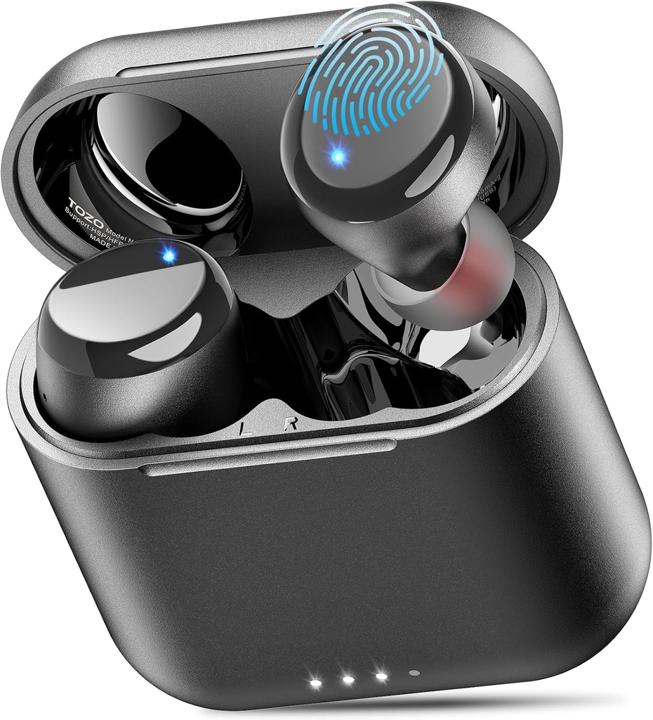 TOZO T6 Trådløse ørepropper, Bluetooth 5.3 ørepropper, Stereo lyd i øretelefoner, 50 timers spilltid, trådløs ladedeksel, APP tilpassede EQs, IPX8 vanntett øretelefoner