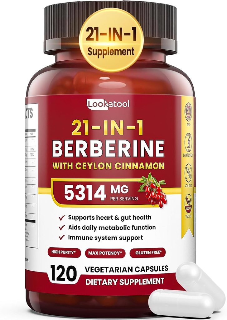 21-i-1 Berberine Supplement med Ceylon kanel - 1500mg organisk berberine HCL Phytosom, 5X høyere absorpsjon for metabolisme støtte 100 kapsler