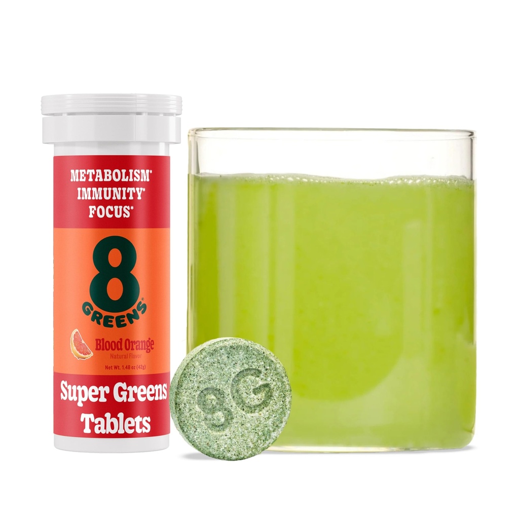 8Greens Supergreens Tabletter Super Greens Powder Superfood Tablett, Metabolisme Immunitet og fokus, Daglige Grønner Effervescent Tabletter, Organisk: Aloe Vera, Spirulina, Klorella, Blod oransje, 10 Serveringer