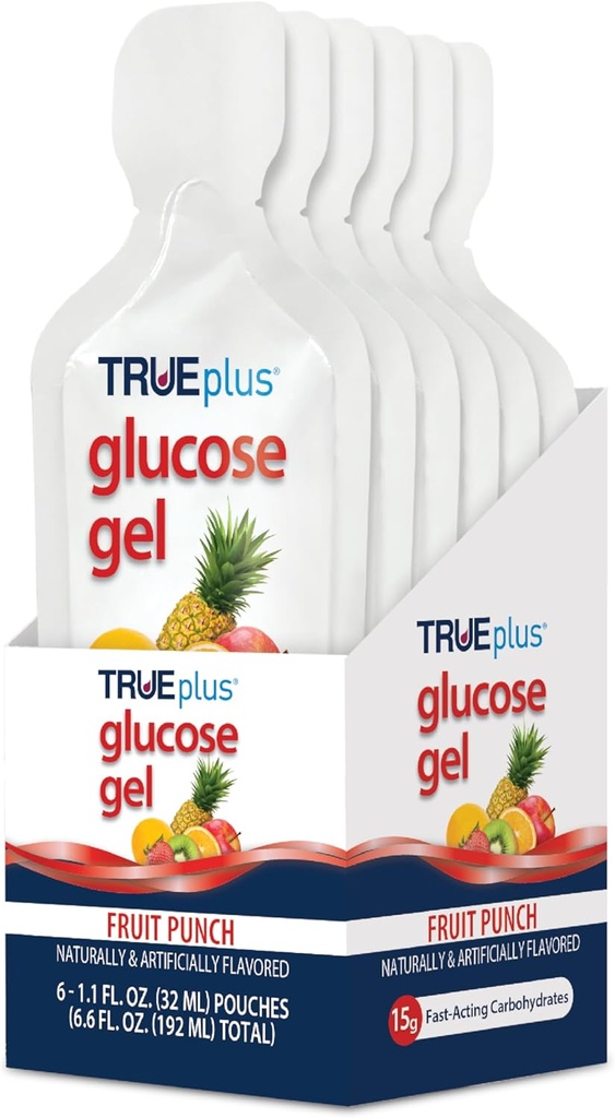 TRUEPlus Glucose Gel Pouch, Frukt Punch Flavor, 15g Hurtigvirkende karbohydrater, fettfri, Glutenfri, Rask støtte for lavt blodsukker sukker og energi, 6 Pack