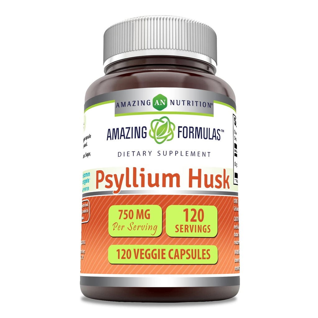 Amazing Formler Psyllium Husk 750mg Veggie Capsules Supplement Ikke-GMO | Glutenfri | laget i USA | Egnet for vegetarianere (120 greve)